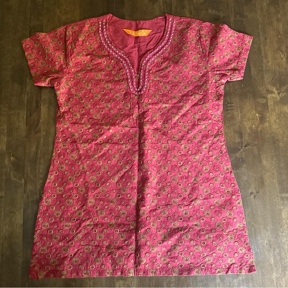 La Fille 28 Womens Tunic Top‎ Tee Embroidered Beaded Floral Red Short Sleeve